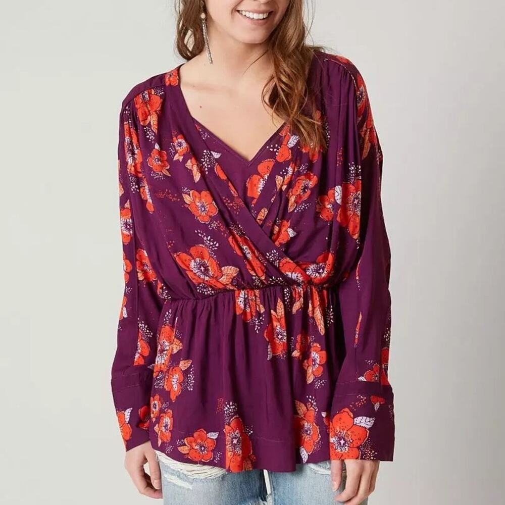 Free People Tuscan Dreams Purple Floral Print Layered Blouse Size XS
